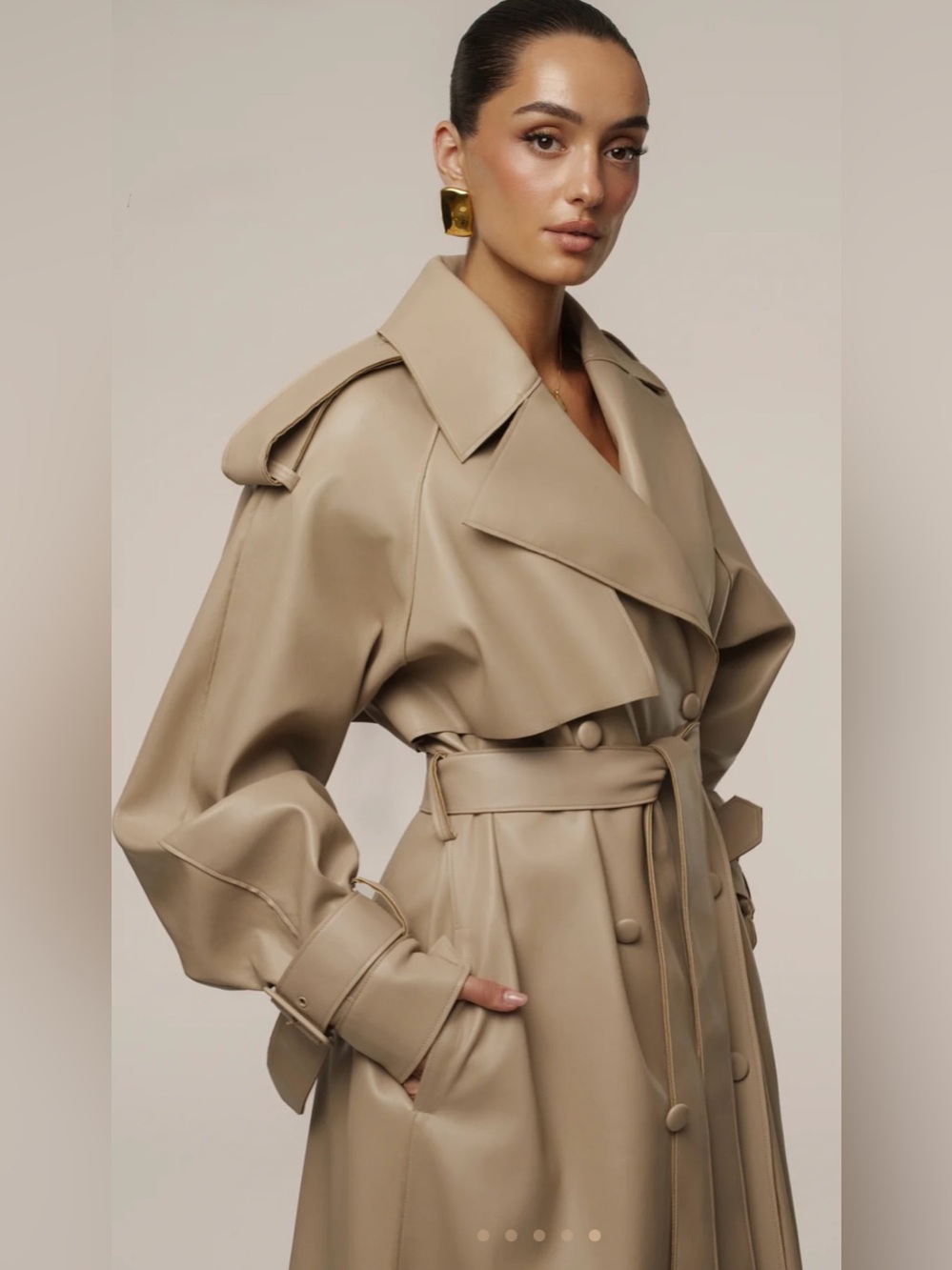 JLUXLABEL Taupe Faux-Leather Double-Breasted Trench